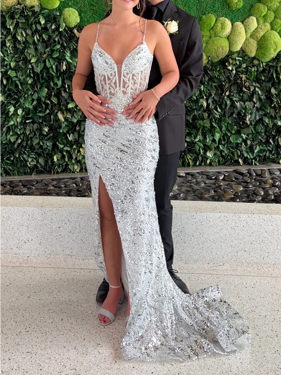 Sherri Hill Dresses & Skirts - Sherri Hill Silver Sequin Spaghetti-Strap Prom Gown with Sheer Corset